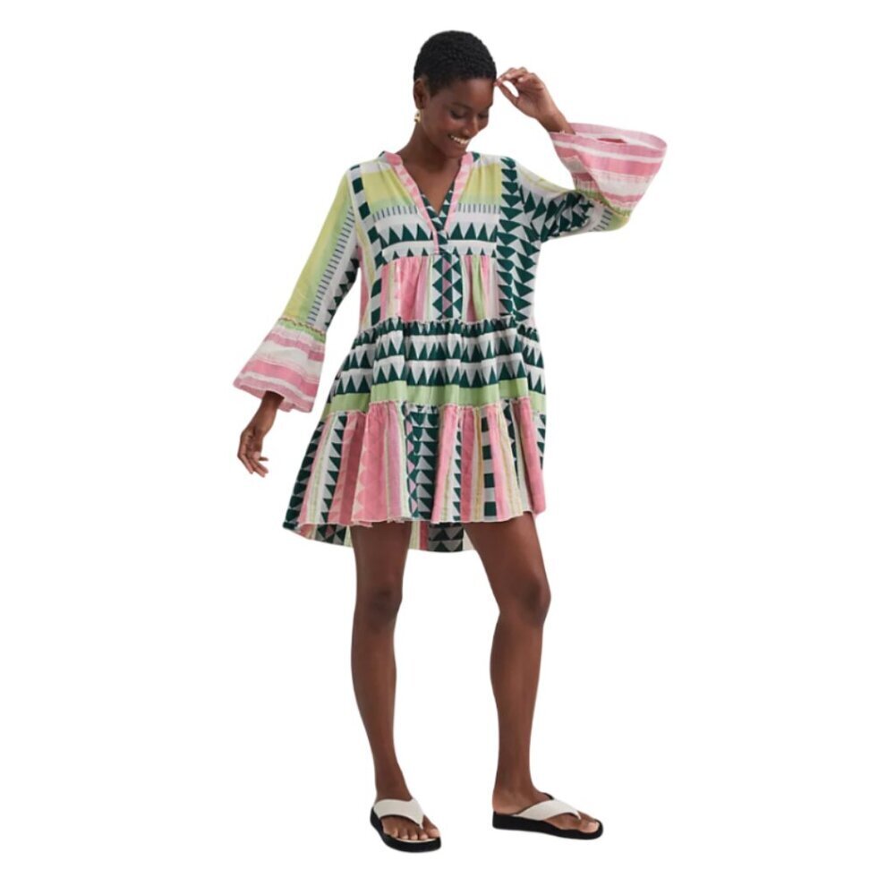 Devotion Twins Ella Mini Tunic Dress Womens XS Green Pink Long Sleeve Tiered